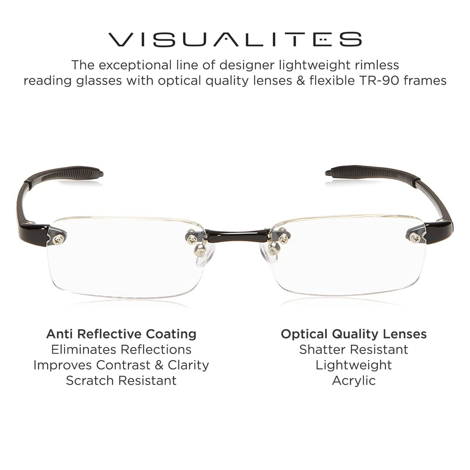 Visualites 1 Black 3.00 Power Lightweight Rimless Rectangle Reading Glasses For Men and Woman