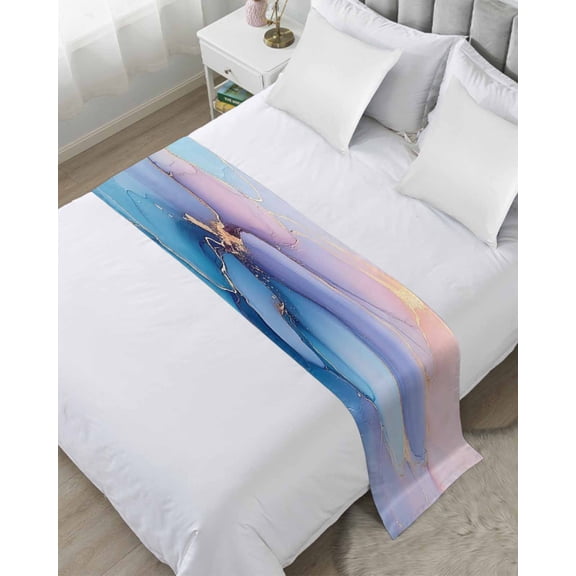 Bed Runner Scarf Queen Size, Blue Gold Stain Bed Runners & Scarves for Foot of Beds, Modern Purple Pink Marble Textured Decorative Bedding Runner Scarf for Hotel Home Bedroom