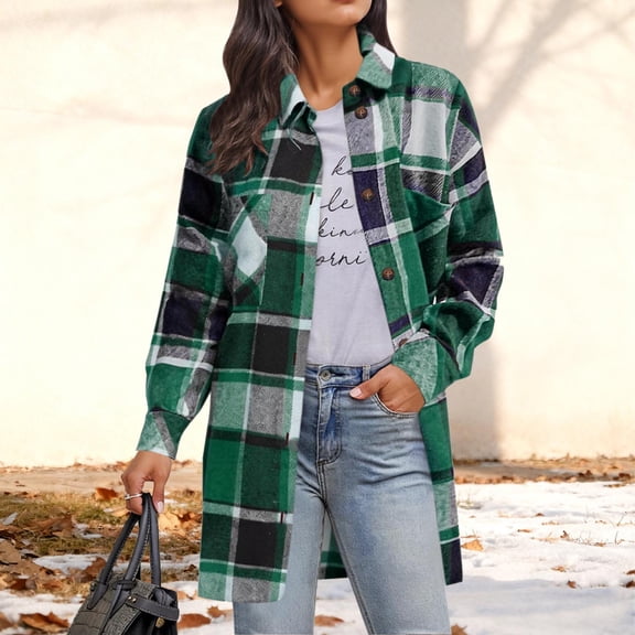 jobturf Jackets for Women Fall Spring Fashion Plaid Shacket Casual Loose Long Sleeve Open Front Cardigan Holiday Lightweight Coats