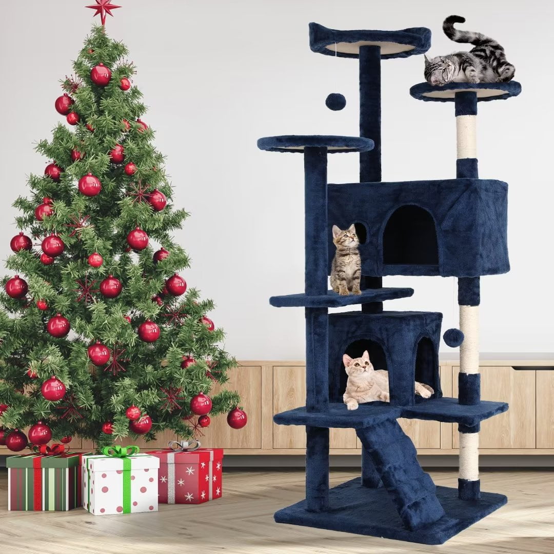 54in Navy Blue Multi-Level Cat Tree Tower with Faux-Fur Cover