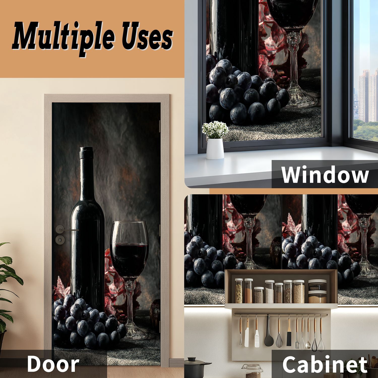 Self Adhesive Vinyl Refrigerator Wrap Set Bottle red wine glass grapes Door Mural Removable Fridge Sticker Peel and Stick&nbsp;Full Door Cover Decal Kitchen Bar Decor