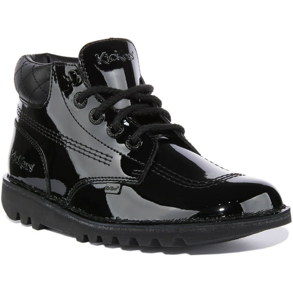 Kickers Kick Hi Junior's Lace Up Quilted Patent Leather Ankle Boot In Black Size 5