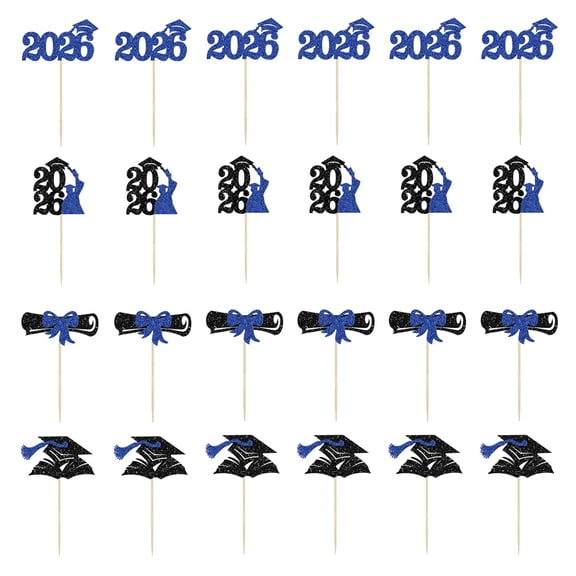 24 Pcs Blue Graduation Cupcake Toppers 2026, Glitter Class of 2026 Cupcake Picks, 2026 Congrats Grad Cap, Diploma Cupcake Picks for Graduation Theme Party Cake Decorations,