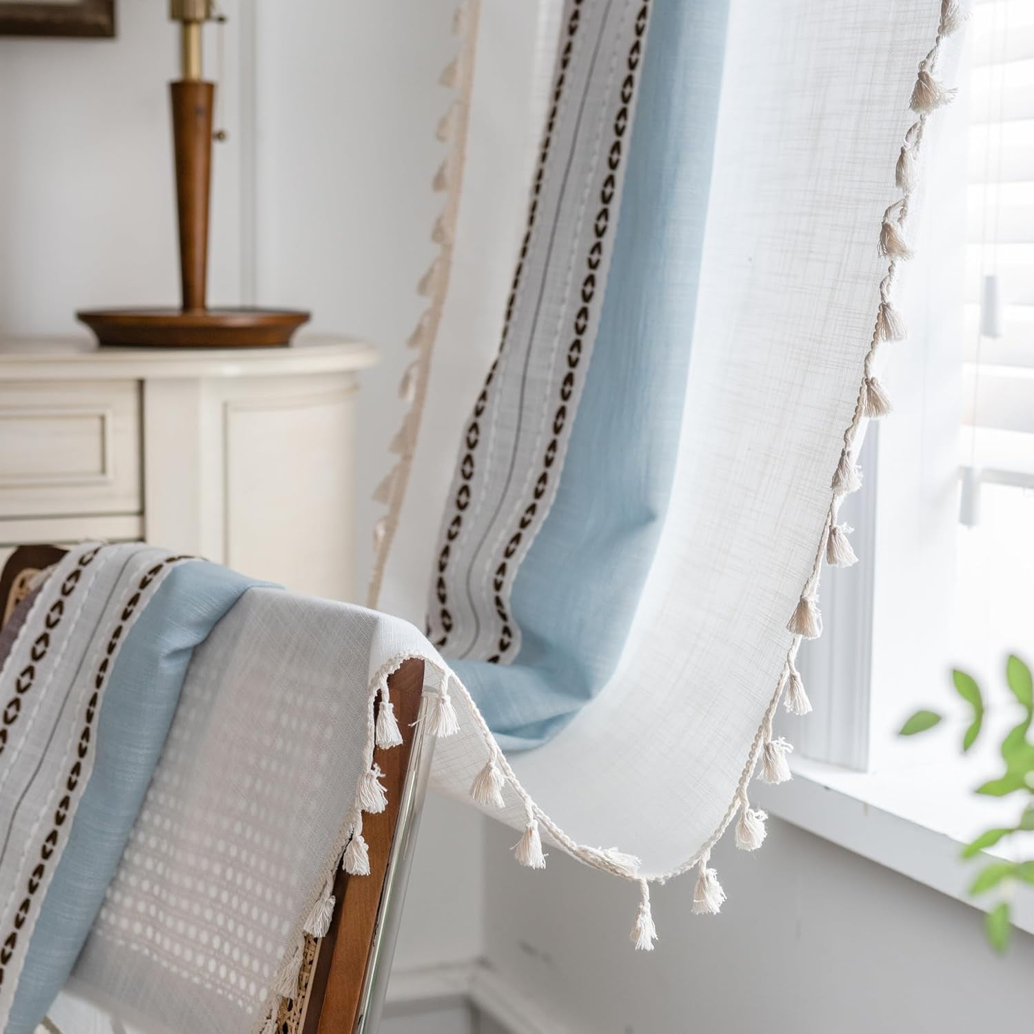 AIGIA Boho Linen Curtains for Bedroom Living Room Semi Blackout Farmhouse Tassels Bohemian Embroidery Drape Rod Pocket 1 Panel
