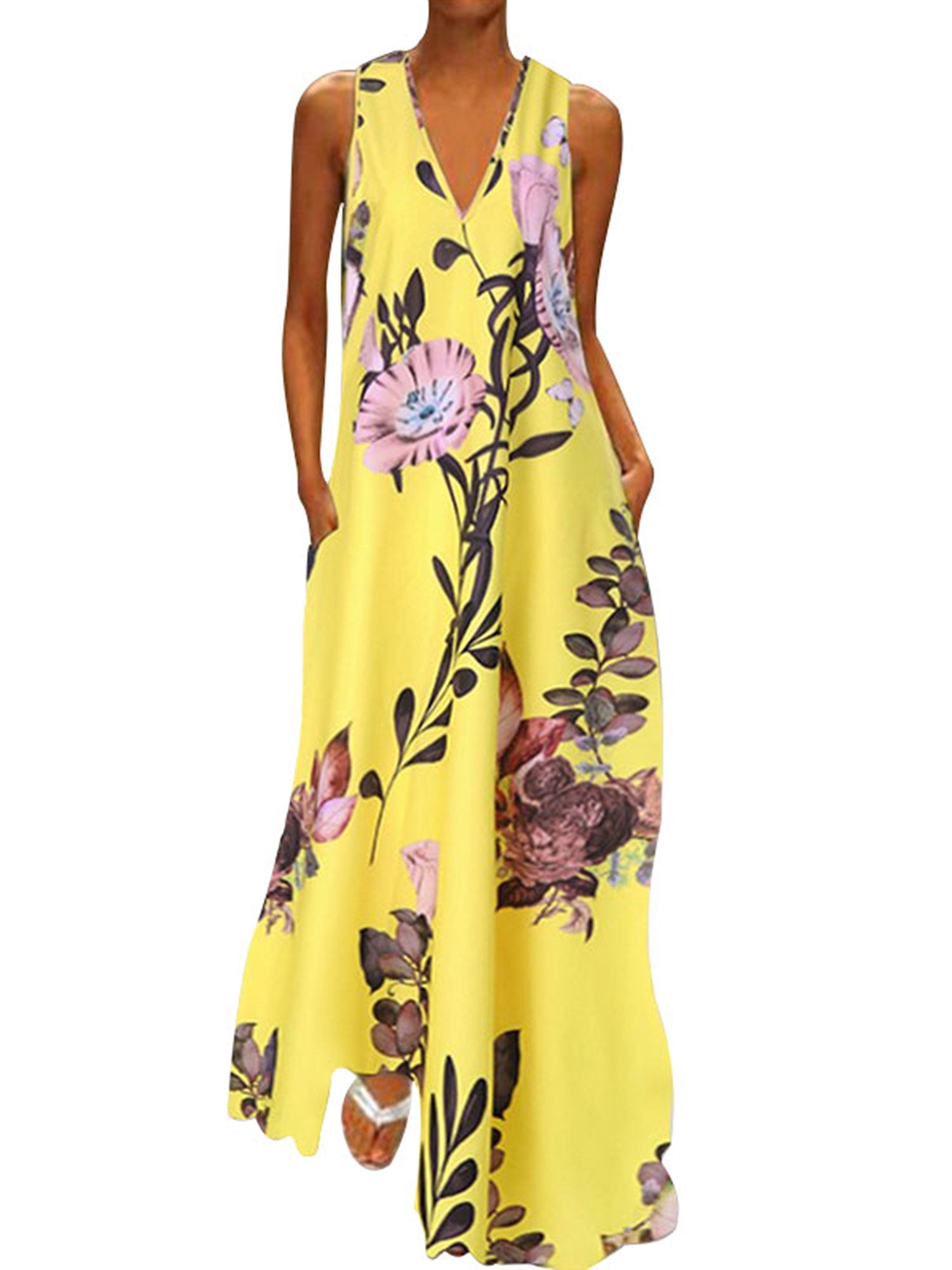 Plus Size Women Floral Print Bohemia Dress Long Maxi Dress Sleeveless V ...