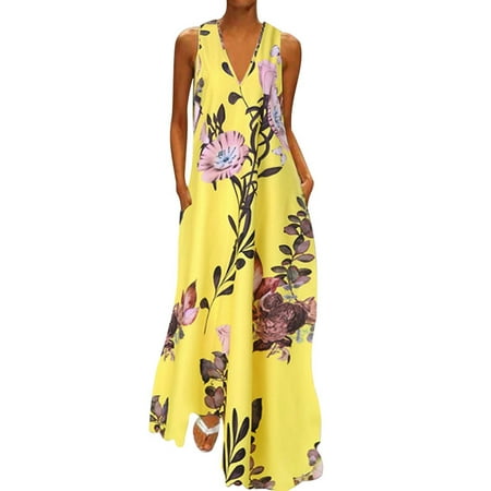Plus Size Bohemia Dress for Women Sleeveless Floral Print Summer Sexy V ...