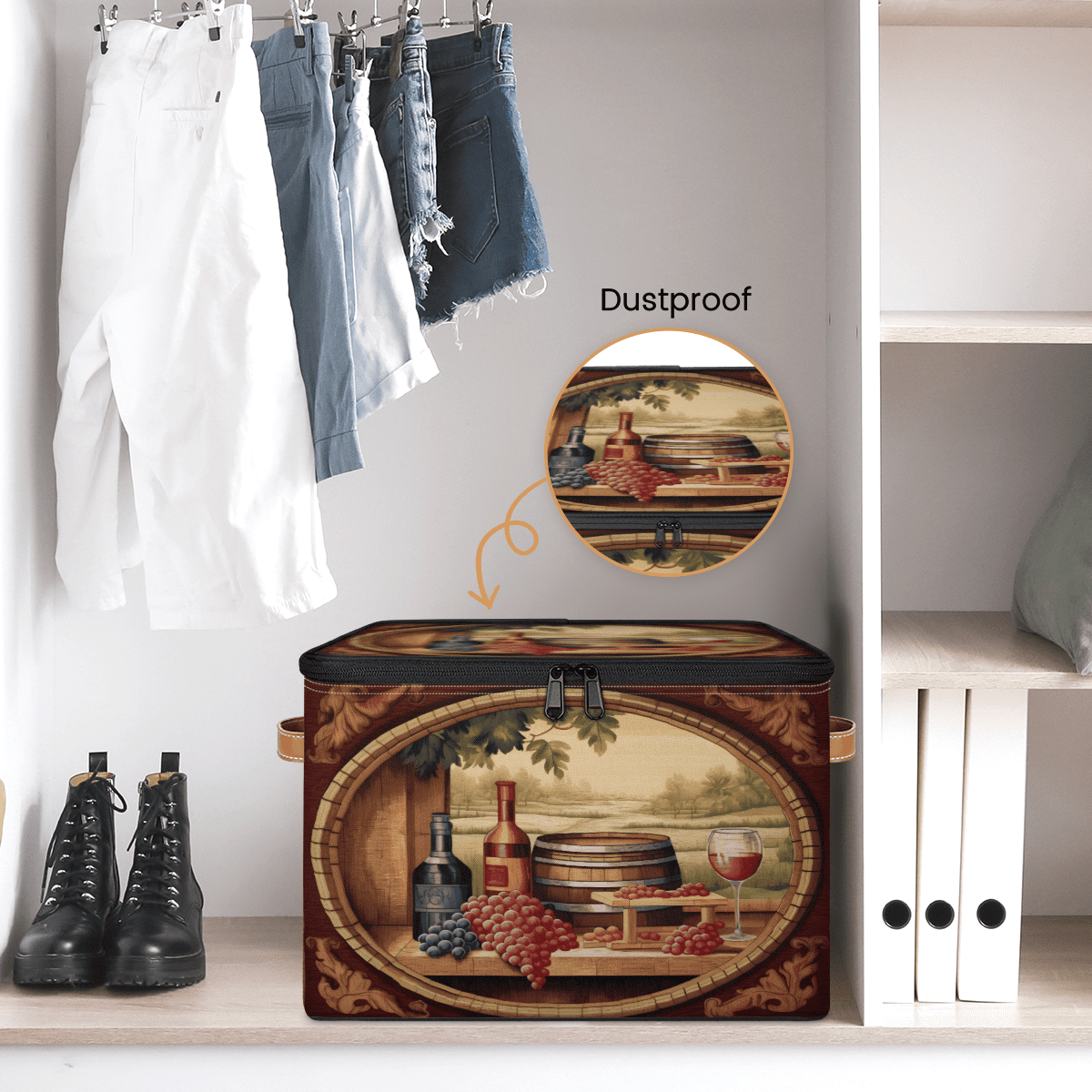 CURLYOOT Vintage Wine Theme Storage Bin with Zipper Lid, Fabric Decorative Lidded Storage Baskets Boxes, Foldable Organizer Container Basket for Bedroom Closet Shelf