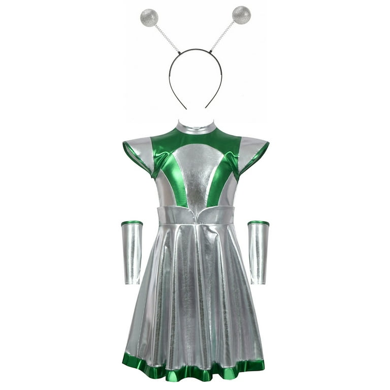 Cauydy Girl Alien Shiny Metallic Dress Outfit Outer Space Halloween Dress Up Outfit(Green,9-10 Y)