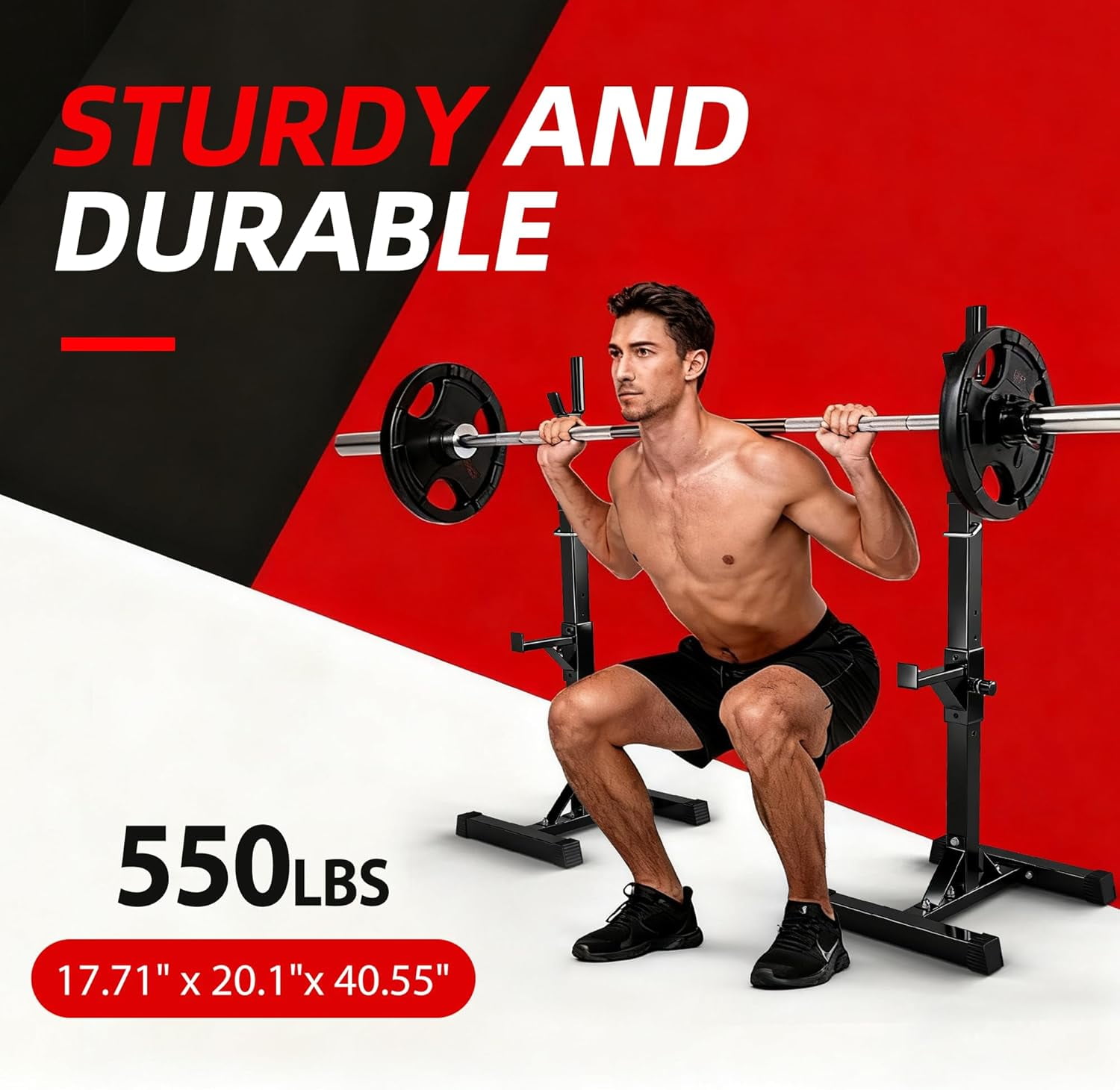 Adjustable Squat Rack Stands Pair of Sturdy Steel Bench Press Rack, Barbell Rack, 40''-66'' 550lbs Max Load Portable Weight Lifting Dumbbell Racks Stands for Home Gym, Black