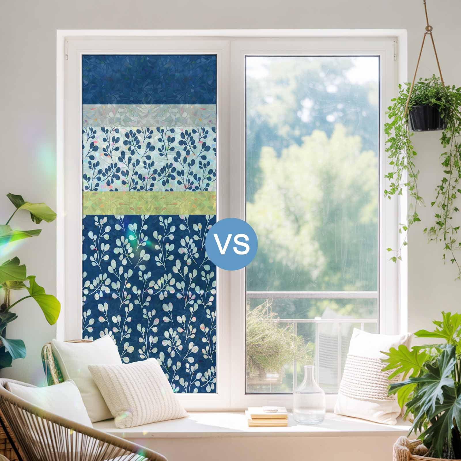 Blue Yellow Window Privacy Film Stain Glass,Reusable Decorative Rainbow Window Film,Botanical Floral Motifs Wildflower Striped Static Cling Sun Blocking Stickers Decals Covers 29.5" x 78.7" (2pcs)