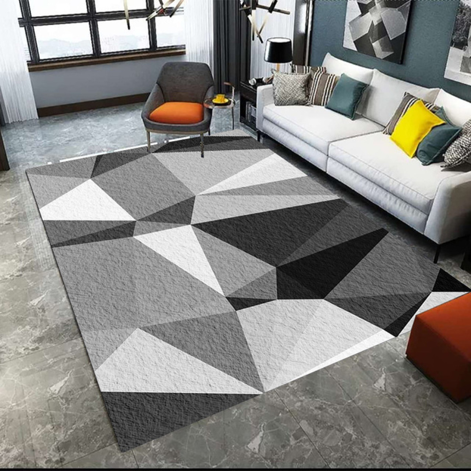 Modern Abstract Geometric Area Rug, NonShedding Grey Black Floor