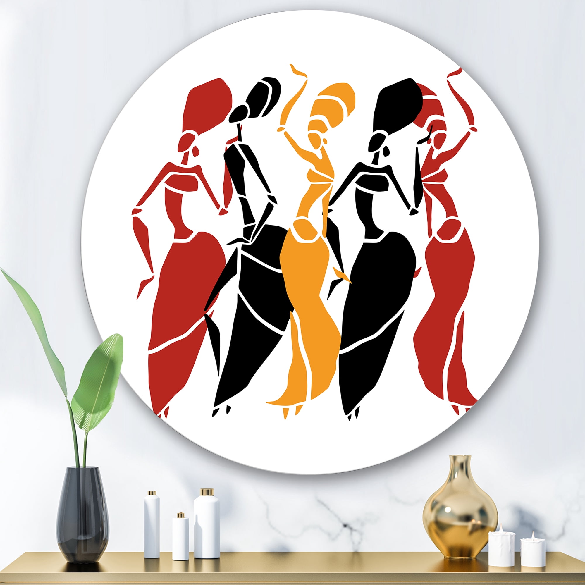 Designart 'Beautiful Red Black and Yellow Dancers Afro American Silhouettes' Modern Circle Metal Wall Art 29x29 - Disc of 29