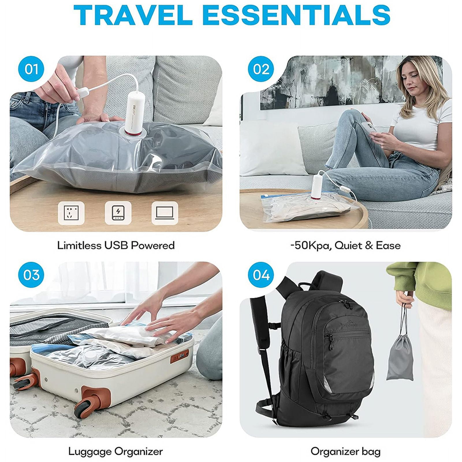 Conjunto de 9 piezas, 8 Bolsas de Almacenamiento al Vacío para Viaje con Bomba Eléctrica USB, Bolsa de Compresión Portátil para Ropa, Organizador de Plástico Hermético para Empacar Equipaje, Esencial