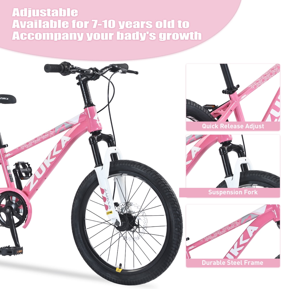 LuckyNote Mountain Bike 20 Inch MTB, Steel Frame, Single Speed, Front and Rear Disc Brakes, Pink