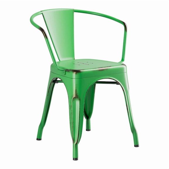 Cafe Style Stackable Distressed Green Metal Restaurant Dining Arm Chair For Indoor or Outdoor Use