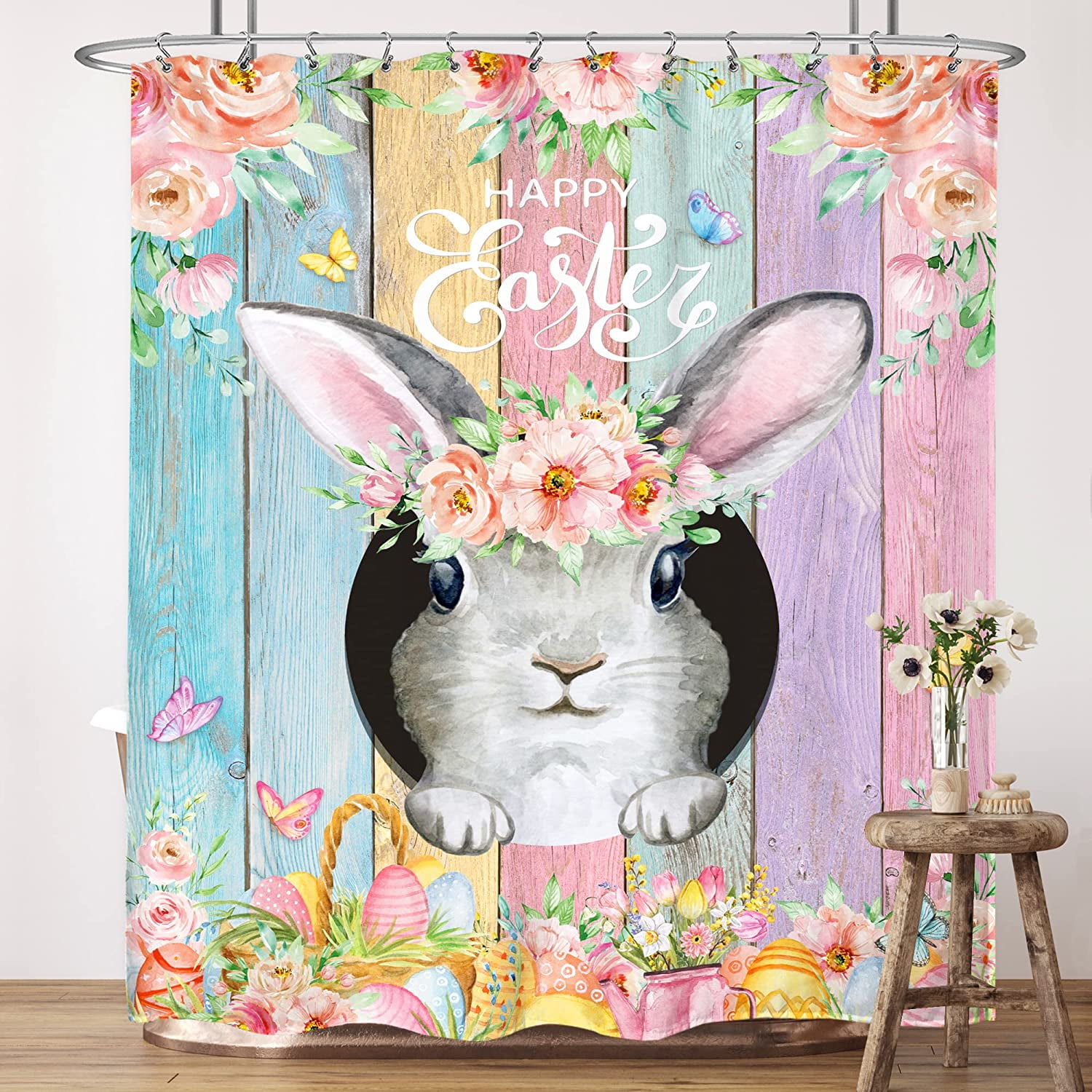 Happy Easter Shower Curtain - Kawaii Farmhouse Rabbit & Eggs Design, Waterproof Polyester, 72x84 Inch - View #7