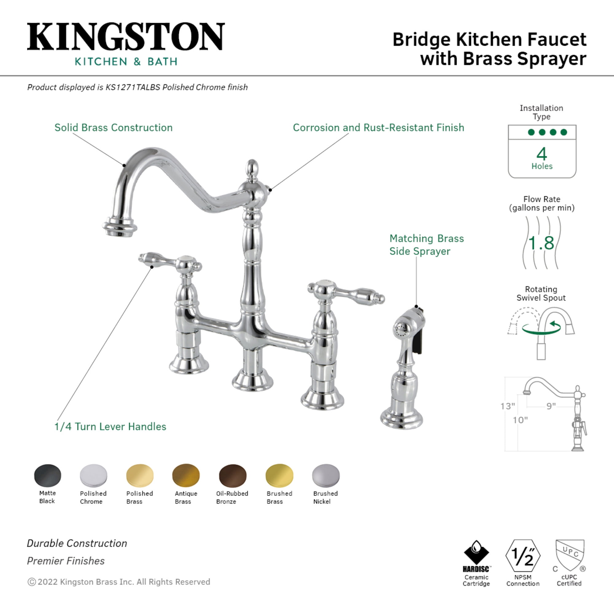 Kingston Brass KS1277TALBS Tudor Two-Handle 4-Hole Deck Mount Bridge Kitchen Faucet with Brass Side Sprayer in Brushed Brass