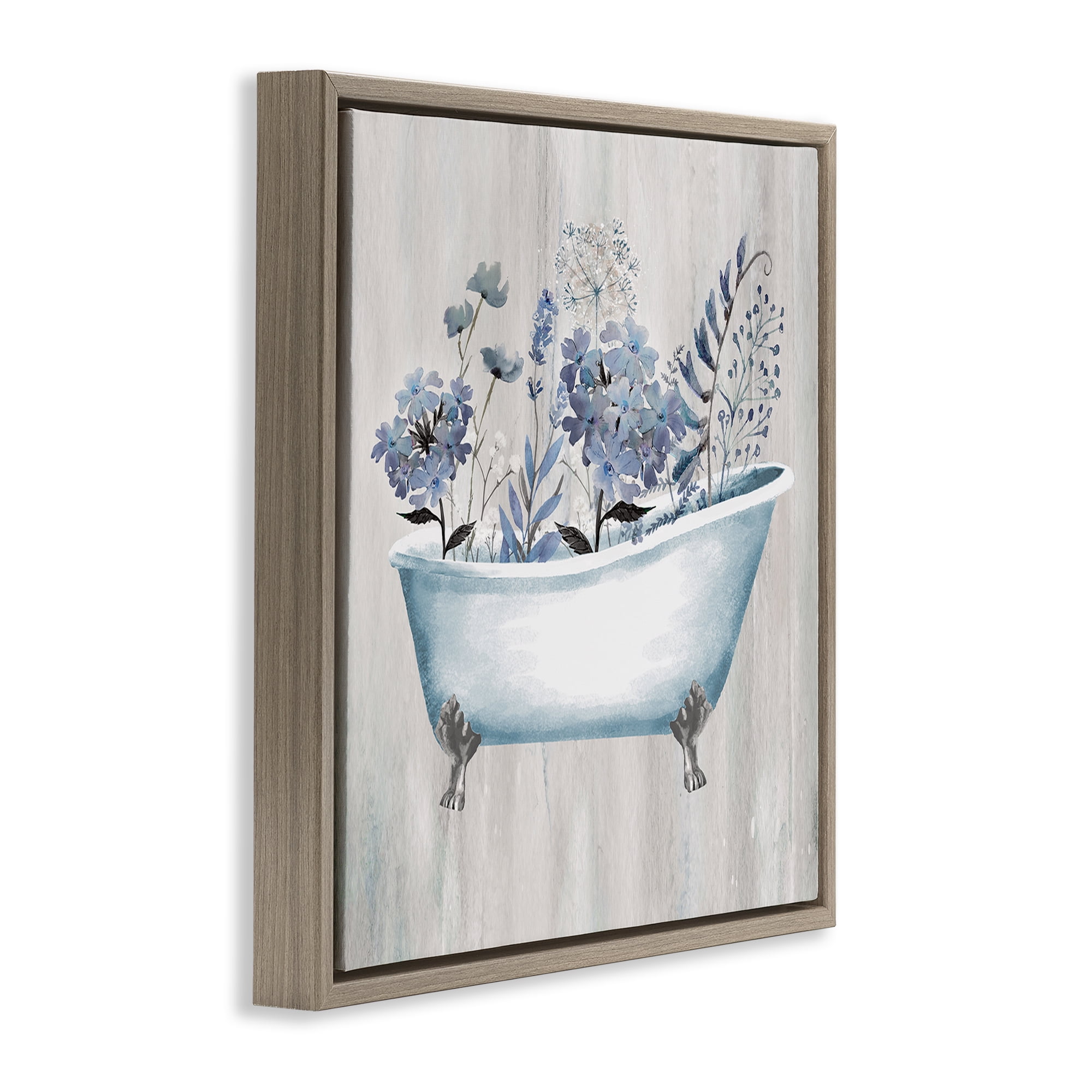 Stupell Industries Vintage Tub & Blue Florals Bath & Laundry Painting Brown Floater Framed Canvas Art Print Wall Art, 25 x 25