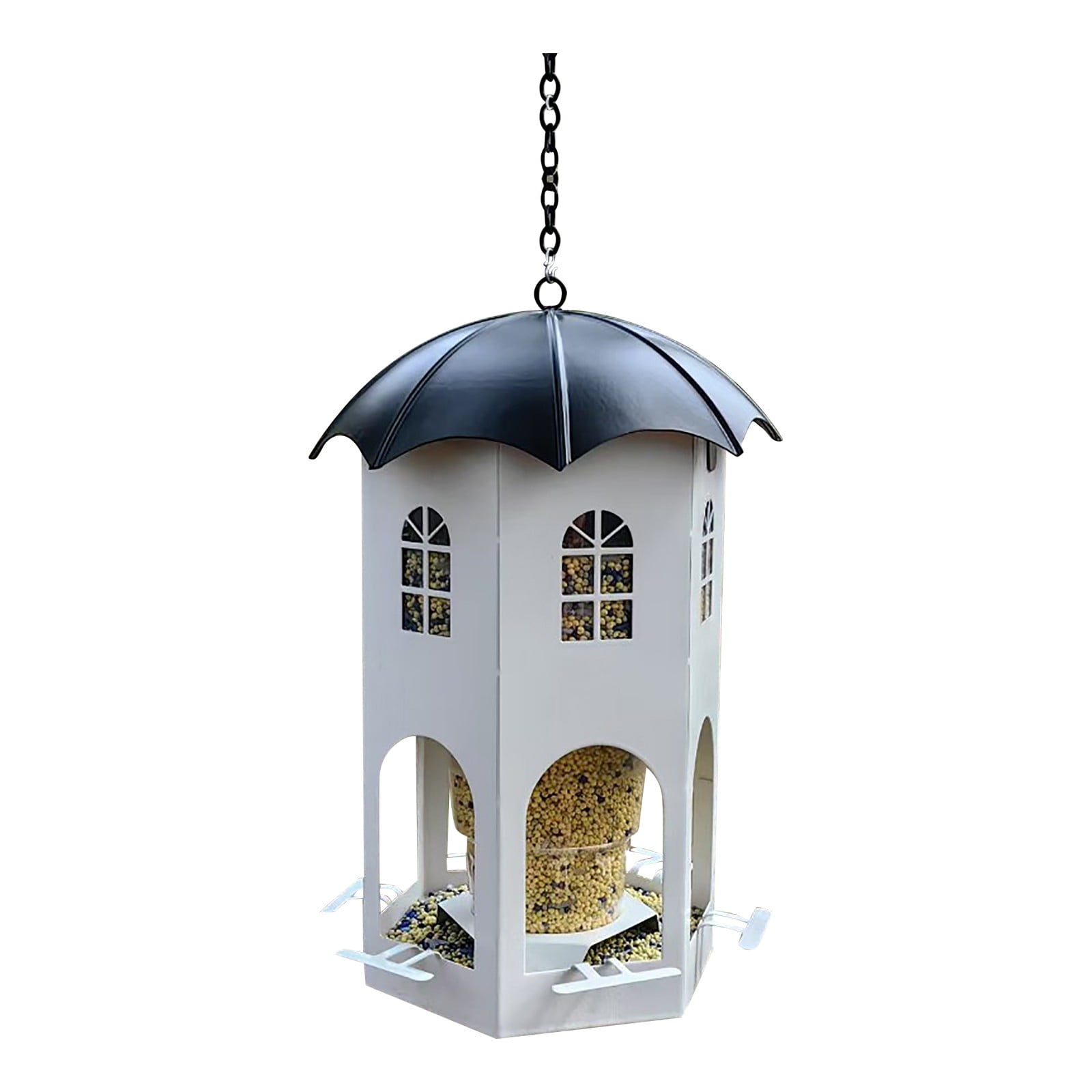 Metal Bird Feeder for Outdoor Hanging Wild Bird Feeders with Circular Perch Easy to Clean & Refill Large Seed Capacity Bird Feeders for Outdoors Hanging 9" White Castle Bird Feeder Outdoor Garden