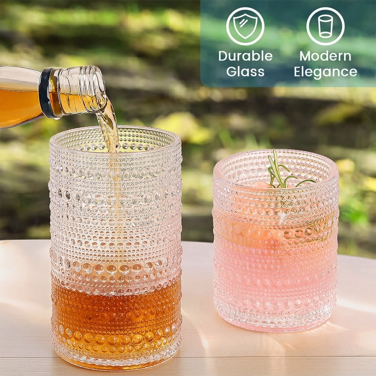 GPED 14 oz Vintage Hobnail Drinking Glasses and 12 oz Hobnail Glass Cups Set of 8, Embossed Water Tumbler, Beaded Glassware, Highball Glasses for Whiskey, Juice, Water, Beer