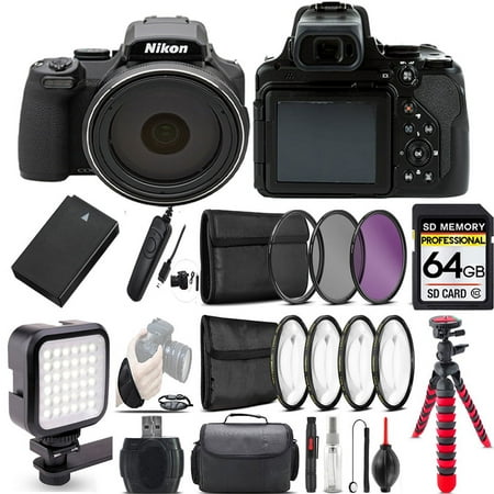 Nikon COOLPIX P1000 Digital Camera 83x + LED + 7PC Filter + EXT BAT - 64GB Bundle