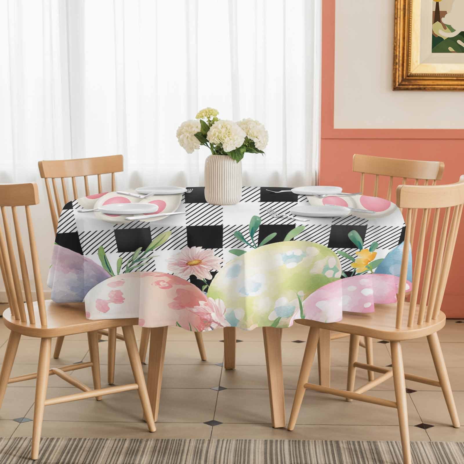 Round Tablecloth Easter Bunny Tail Waterproof Oil Proof Polyester Table Cloth Cover Decor for Home Dining Outdoor,Patio,Parties, 54" Dia. Color Eggs Spring Flowers Black White Plaid
