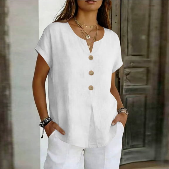 Linen Shirts for Women Short Sleeve V Neck Button Down Loose Gauze Blouses, S