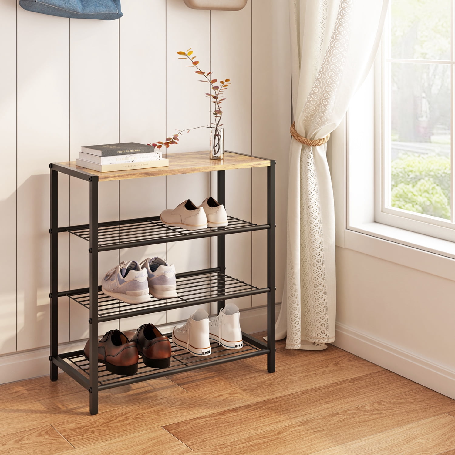 LENLN Metal Shoe rack with wood top, practical storage rack, multifunctional storage rack, Shoe Rack Organizer with Storage Shelves and Spacious Top，suitable for entrance hall, living room, bedroom,