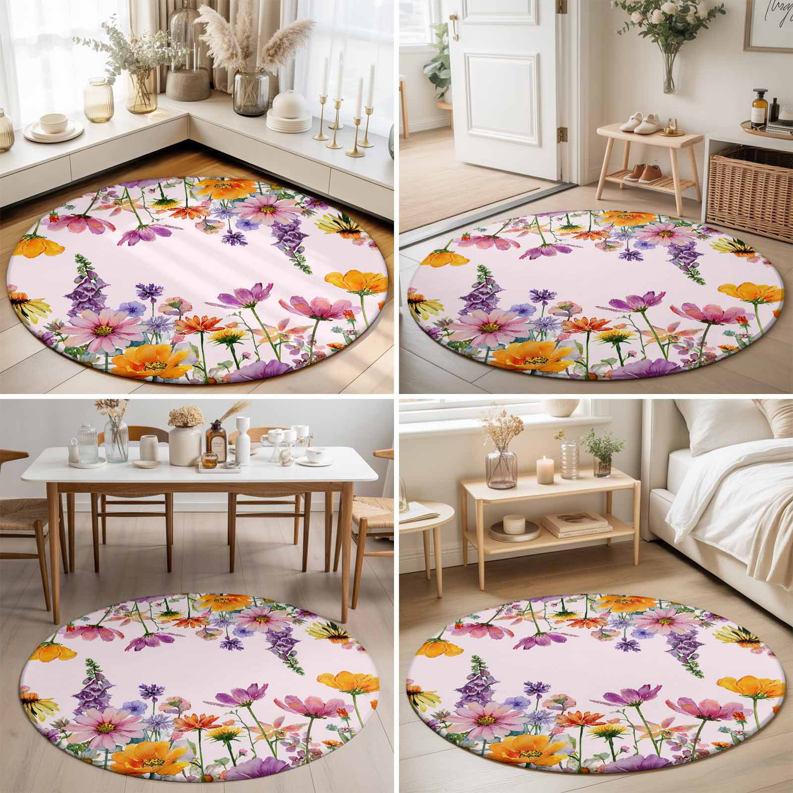 Round Area Rugs 6Ft, Pink Spring Floral Non-Slip Washable Circle Rugs Carpet, Elegant Pastoral Flowers Daisy Indoor Outdoor Rug Floor Mats Throw Runner for Bedroom Living Room Bathroom