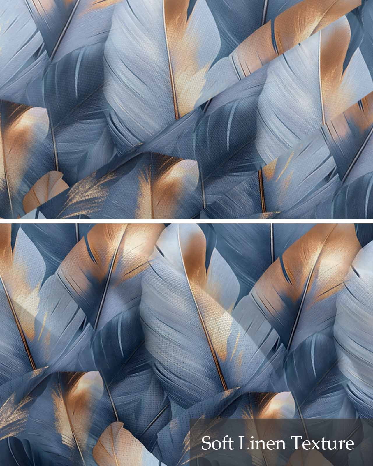Navy Blue Ombre Feather Kitchen Valances for Windows Farmhouse Linen Window Valance Curtain for Living Room Window Treatment Modern Art Leaves Valance Rod Pocket Topper Drape, 42 x 18 Inch
