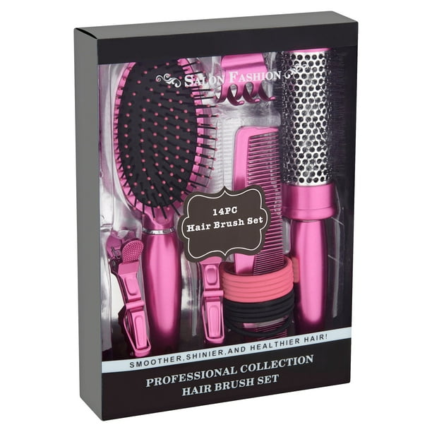 Salon Fashion Hair Brush, Comb, and Accessories Gift Set, Pink, 14pcs