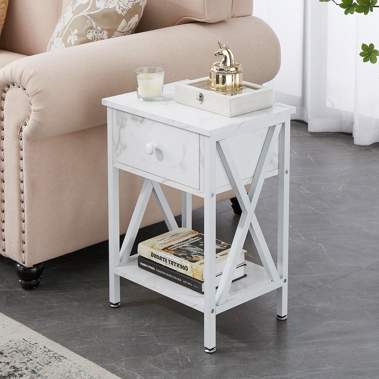 VECELO Set of 2 Nightstand with Drawer and Open Storage Shelves, Bedside End Table for Bedroom Living Room, White