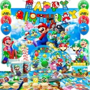 Super Mario Birthday Party Supplies,177pcs Mario Party Decorations&Tableware Set-Mario Party Plates Cups Napkins Table Cloth Balloons Backdrop Banner etc Super Mario Birthday Decorations