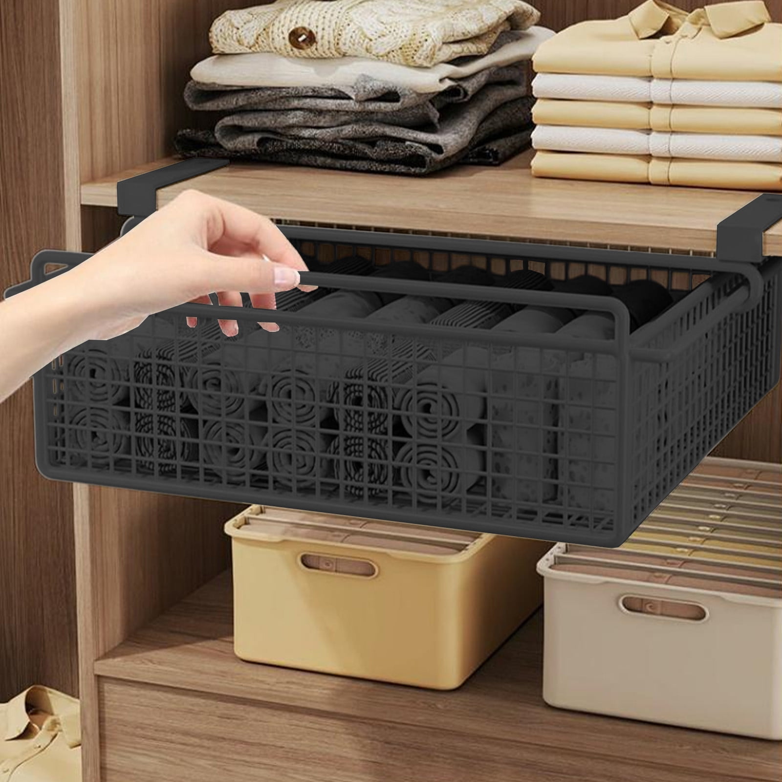 Pull Out Cabinet Storage Basket,Under Cabinet Hanging Drawer,Metal Wire Mesh Storage Basket Organizer,for Kitchen Office Wardrobes Cupboard (Blcak,35x35x10cm)