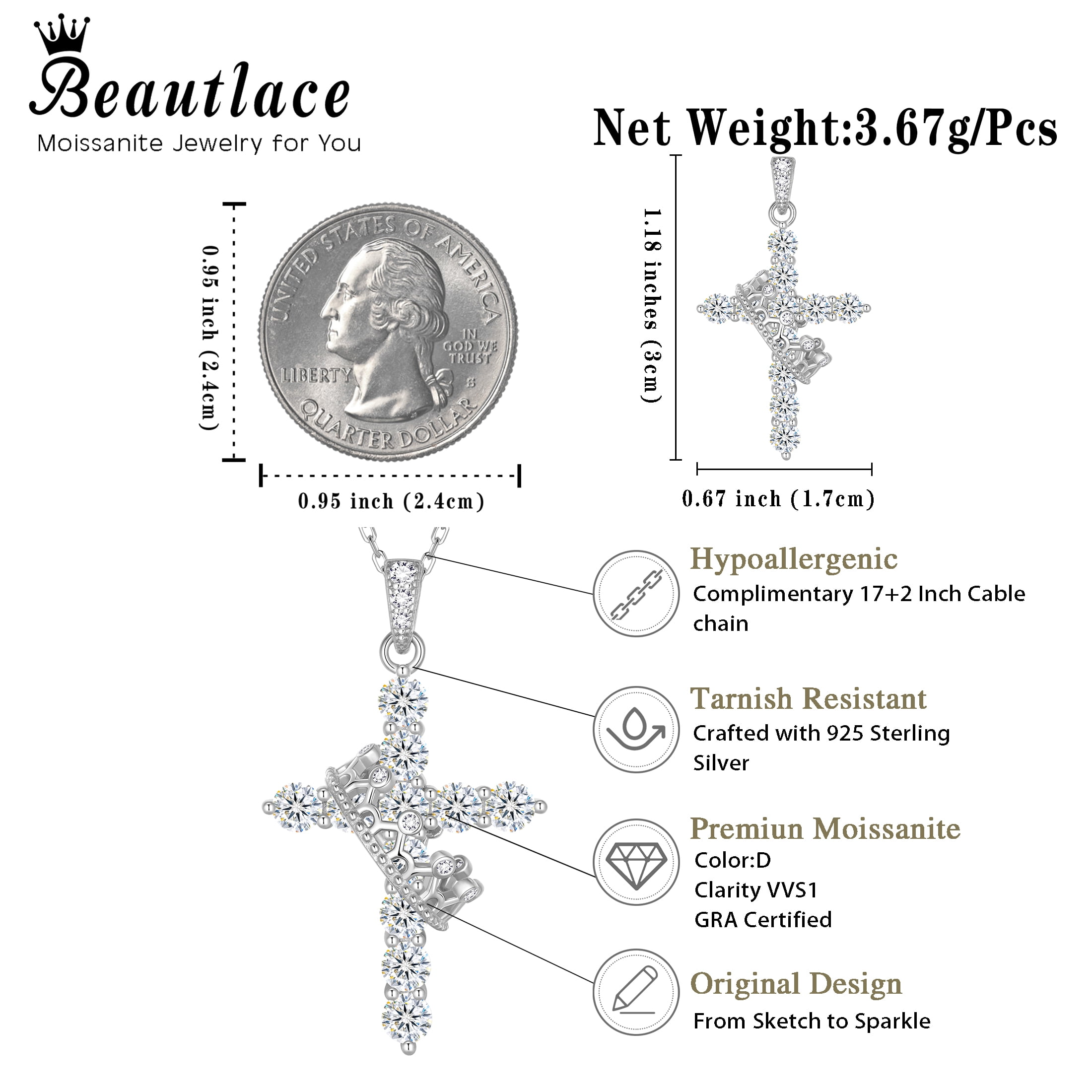 Beautlace Cross D Color VVS1 Moissanite Necklace,925 Sterling Silver Rotated Crown Round Cut Simulated Diamond Pendant Necklace Jewelry Gift for Women Wife Lover