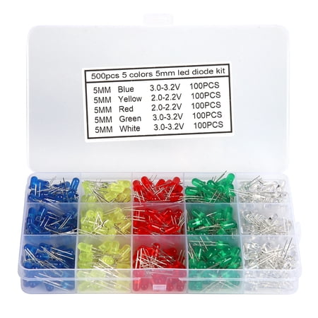 NFTIGB 500 Pieces 5mm LED Light Diodes Assortment Kit, 5 Colors Red Yellow Blue Green White Electronic Components For DIY Projects & Auto Decoration (0.2 inches / 5 mm)