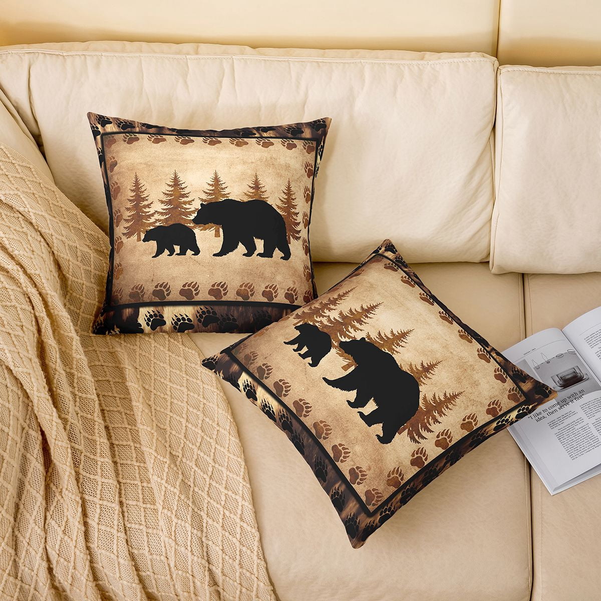 Bear Throw Pillow Covers 24"x24" Set of 2 Soft Wild Animal Cushion Covers for for Couch Sofa Rustic Cabin Country Nature Wildlife Bear Tree Yellow Brown Decorative Pillowcases Outdoor Pillows Covers