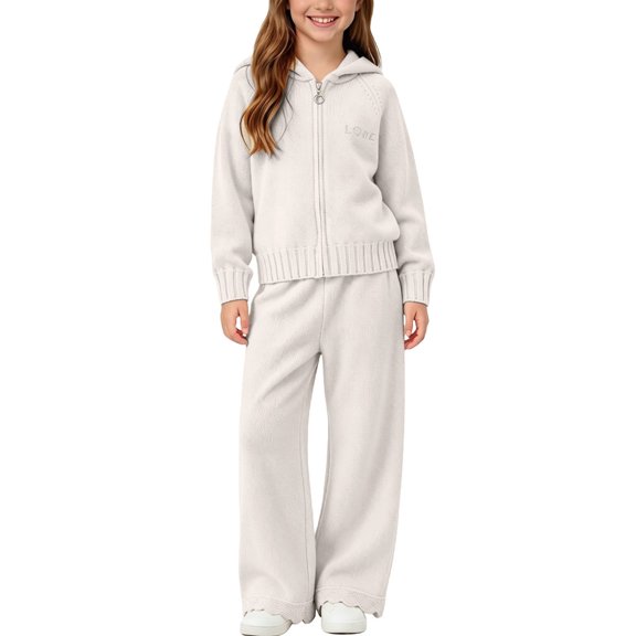 CYRBOKO Sweaters Outfit Sets for Girls, Comfy Zipper Long Sleeve Fall Winter Hooded Tops and Flared Pants White Size 1-8 T