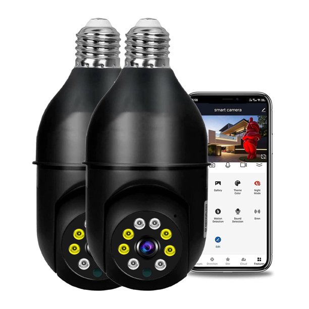 1080P Bombilla de luz inalámbrica Monitor Cámara WiFi Cámara de seguridad 2MP Admite audio bidirecci Tomshoo Negro/Paquete de 2