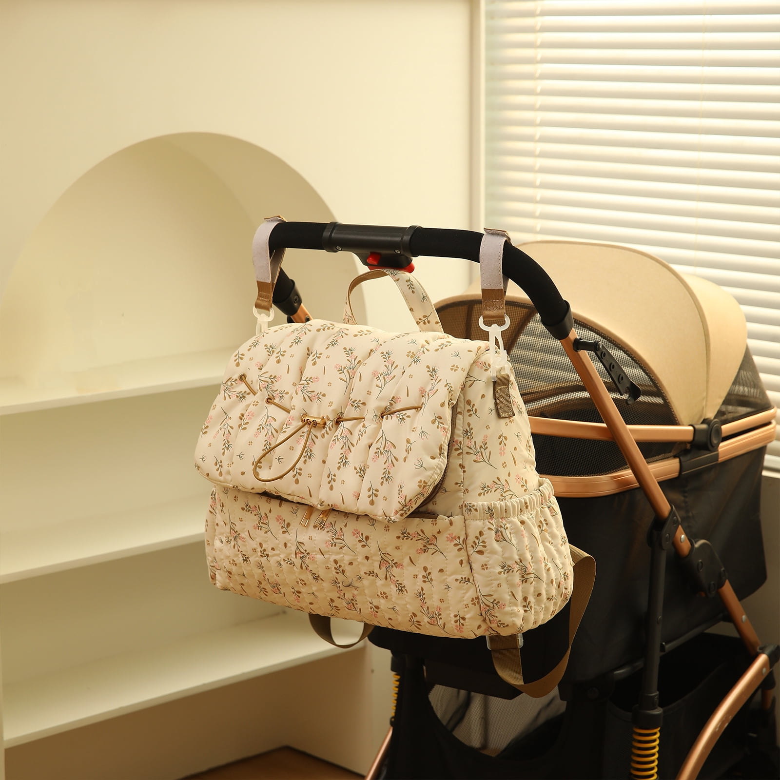 HAHUT Aesthetic Quilted Floral Diaper Bag Backpack with Stroller Straps, Multi-Functional Nylon Embroidered Laptop Backpack for Work Travel Casual (Pink)