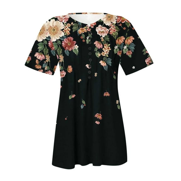 Pincandy Women Fashion Casual Printing Short Sleeve Loose Tee Top Tunic Blouse Scoop Neck Short Sleeve Shirts Dressy Casual Cute Summer Tops Trendy Layering Tee Shirts,Black,XL