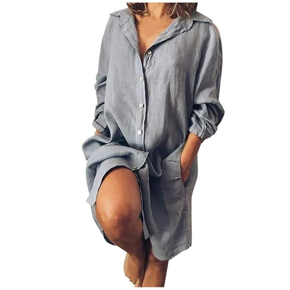 Women Plus Size Shirt Dress Solid Color Button Dress Long Sleeve Lapel Dress Casual Loose Cardigan Dress with Pocket Moda Vestidos para Mujer Casuales Fashion Summer Dresses for Women 2025