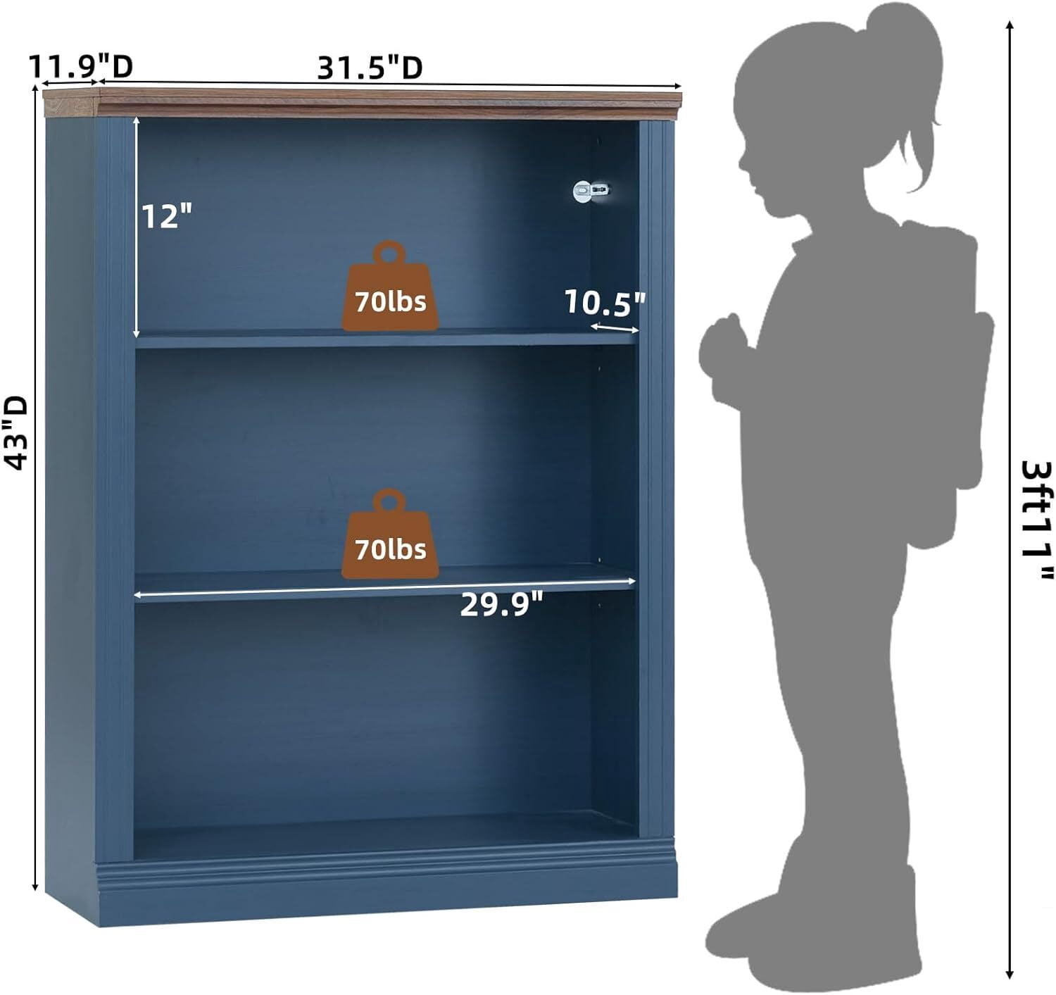 Joaxswe 43" Blue Tall Bookshelf, 3-Tier Thick Wood with Adjustable Shelves, Farmhouse Bookcase for Living Room, Office, Blue