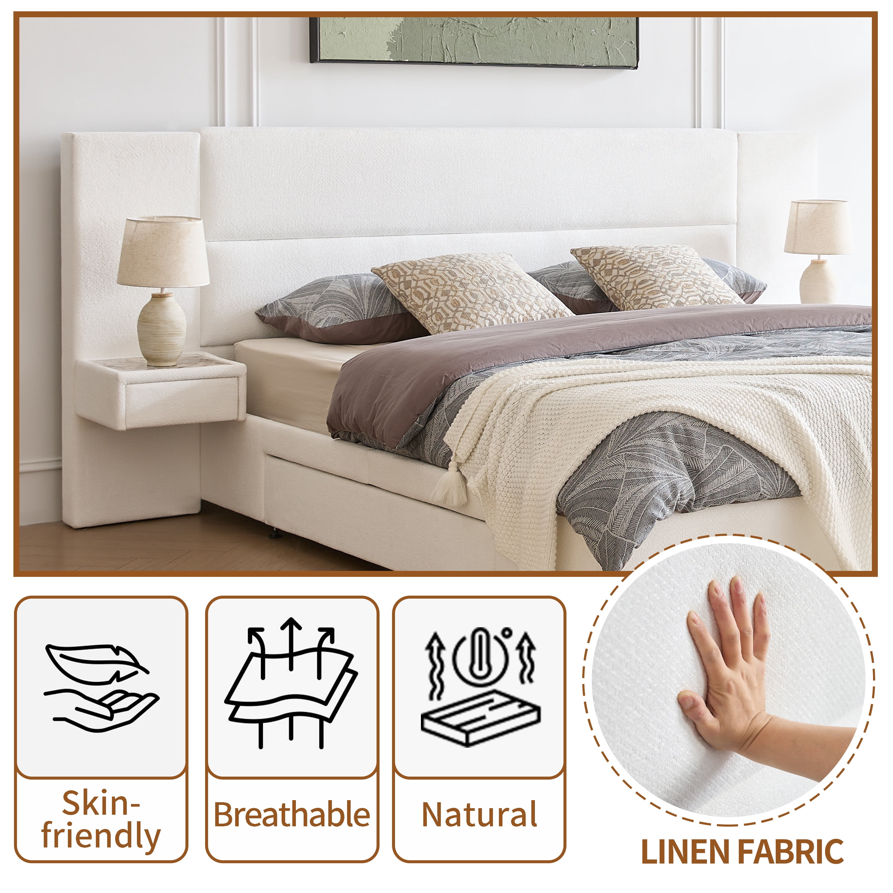 King Size Bed Frame Upholstered Platform Bed with Two Large Storage Drawers, Linen Fabric, Wooden Slat Support, Mattress Foundation, No Box Spring Needed, Noise-Free, Easy Assembly, White