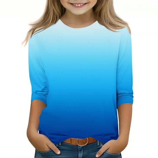 WRKEKC Chandails à Manches Longues pour Filles, T-Shirts à Manches Longues pour Filles, Hauts/chemise à Col Rond à Manches 3/4 Unis Tendance pour Enfants