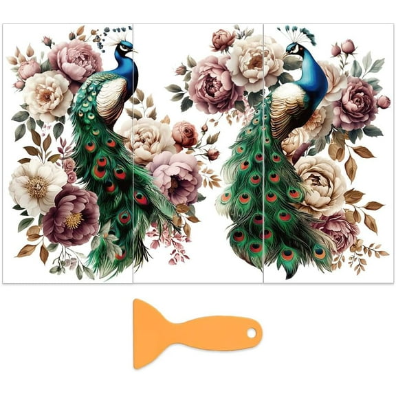 3-Pack Peacock Peony Rub-On Transfers - 6x12 Inch Flower Decals - Animal Transfer Stickers - Decor for Wood Furniture & Home Decor - Includes 1pc Scraper