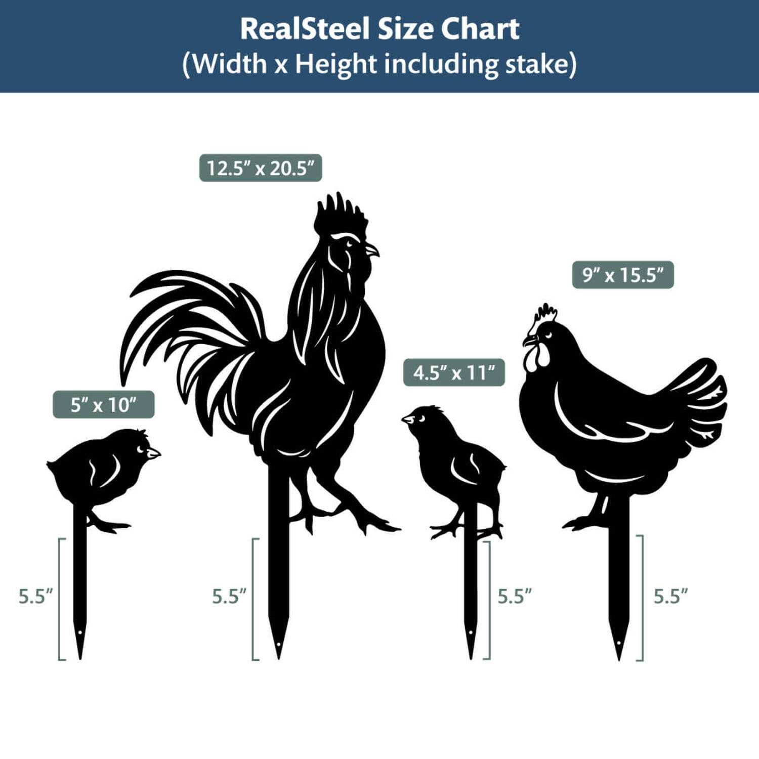 RealSteel Garden Art - Chickens 4 Pack, Life-Size Farmyard Yard Decorations (Penny Vein)