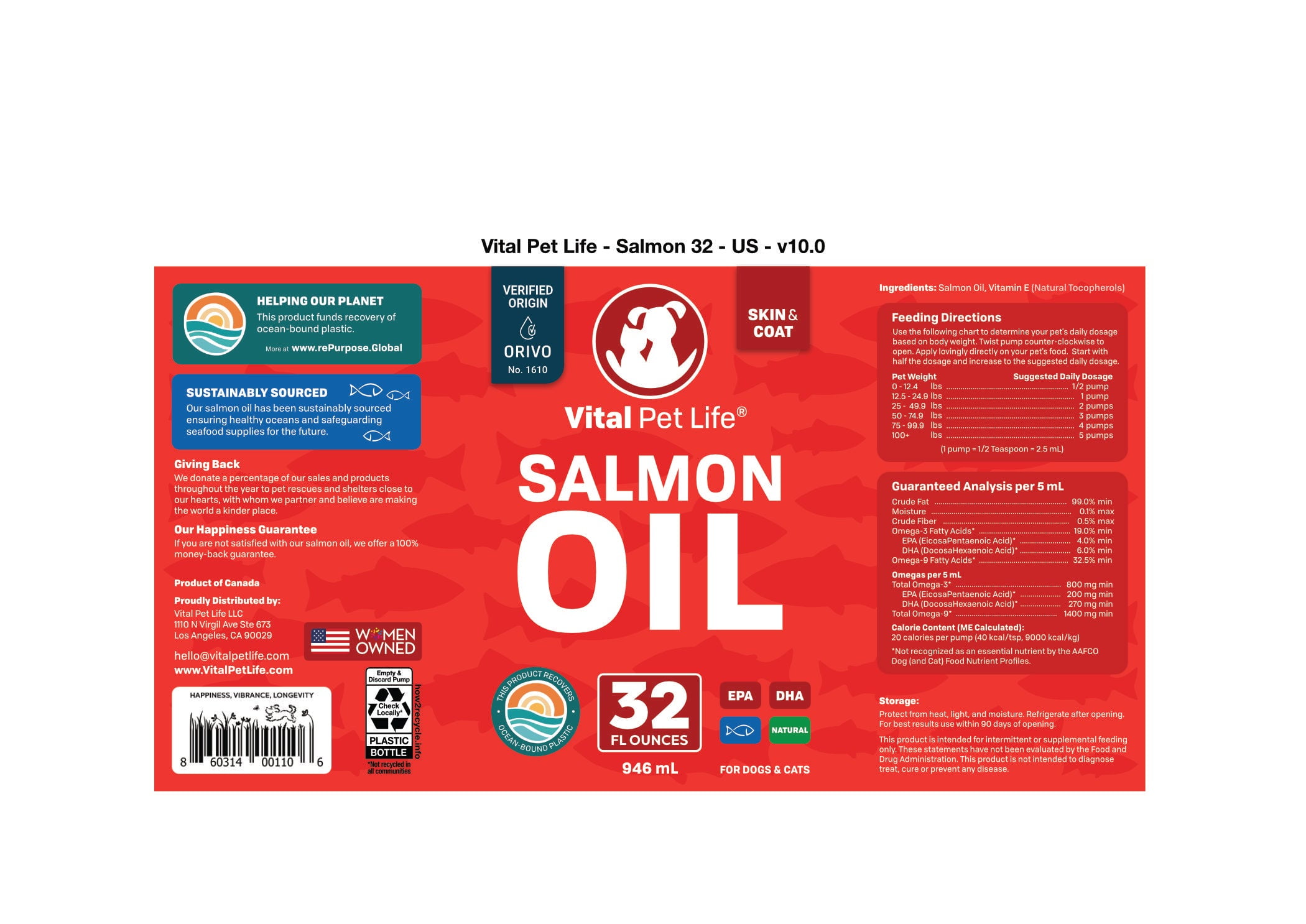 Vital Pet Life Salmon Oil for Dogs & Cats - Healthy Skin & Coat, Omega 3 EPA DHA, Supports Joint Health, 32 oz