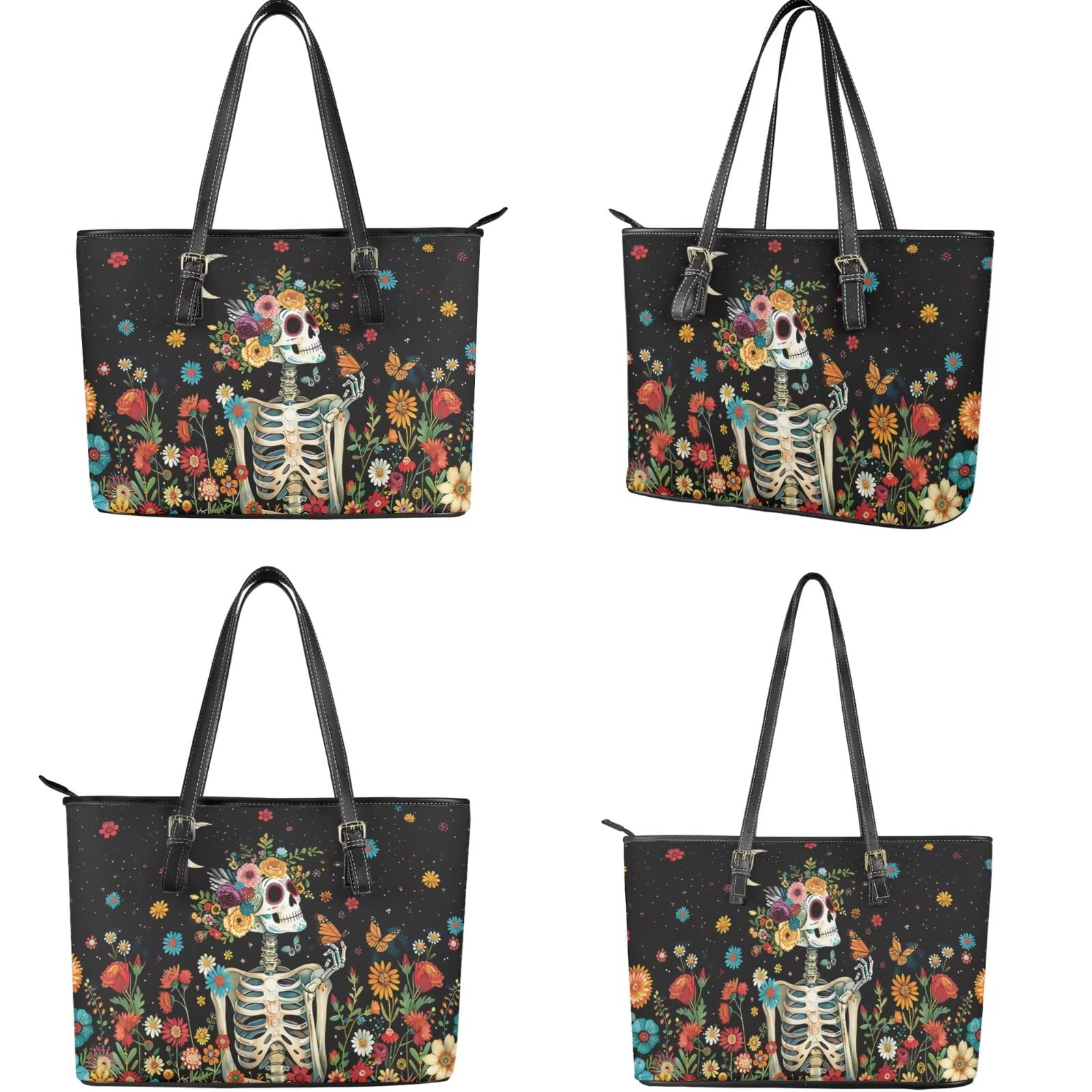 TSOVTHRID Sugar Skull Floral Print Purses for Women Waterproof Handbag with Matching Wallet Set Leather Shoulder Bag Tote Satchel with Purse for Ladies Shopping