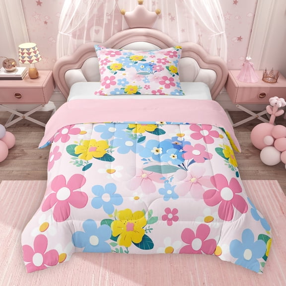 Erosebridal Pink Blue Flower Twin Comforter Sets for Kids Girls, Colorful Groovy Floral Bedding Set, Pink Reversible 2pcs, 1 Comforter and 1 Pillowcase